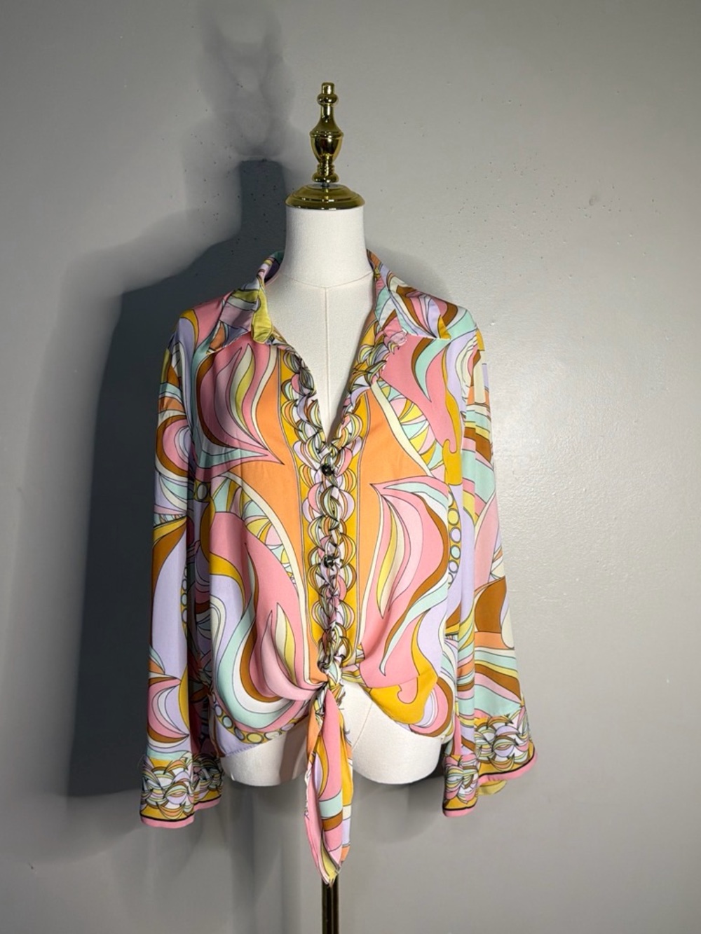 Tie-Front Printed Women's Blouse - Pink & Orange Swirl